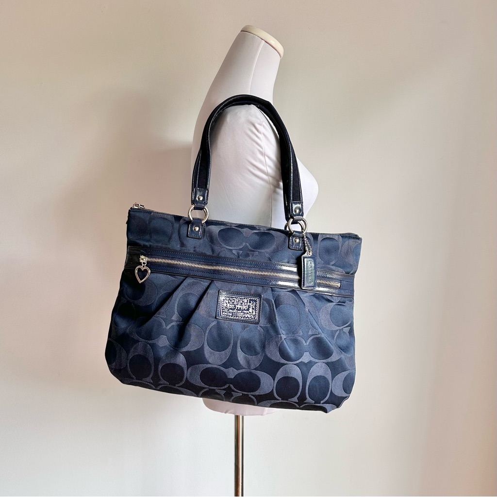 Coach Daisy Signature Monogram Navy Blue Jacquard Canvas Shoulder Tote Bag